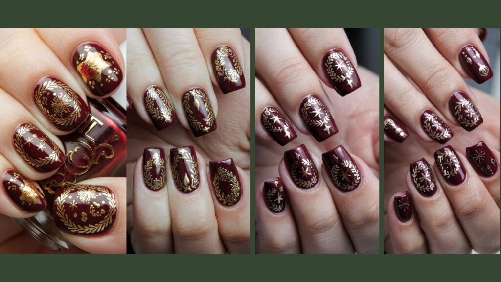 Glam Gold and Burgundy Beautiful Winter Christmas Nails